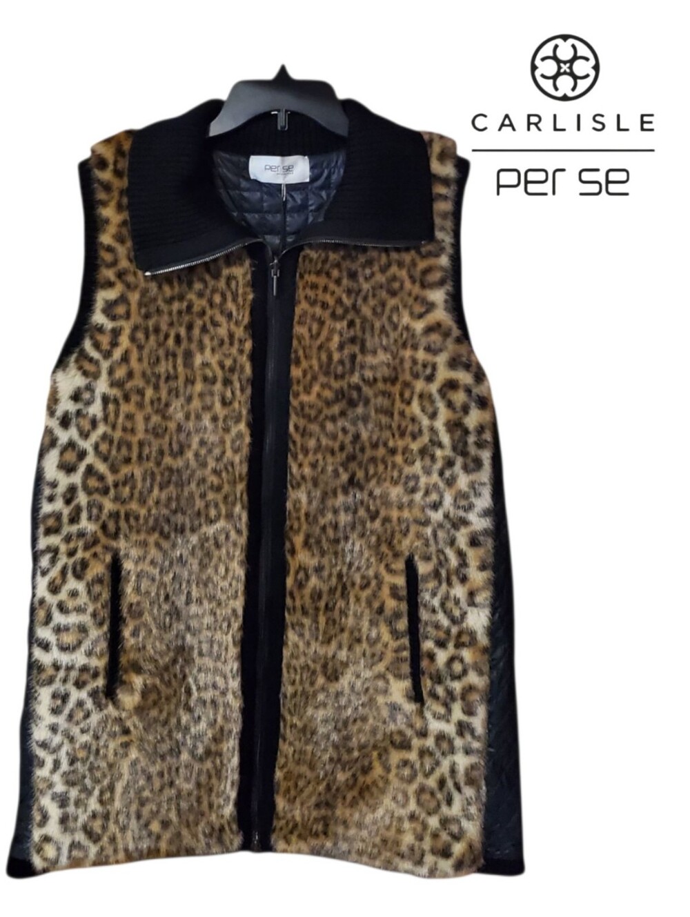 Per Se Carlisle Collection Faux Fur Leopard Print Vest with Zippered Pockets